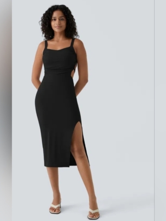 HALARA Dresses & Skirts - Halara Ruched Backless Crisscross Lace Up Split Bodycon Midi Casual Dress